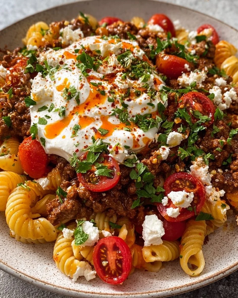 Delicious Turkish pasta dish by Anna Paul garnished with herbs.