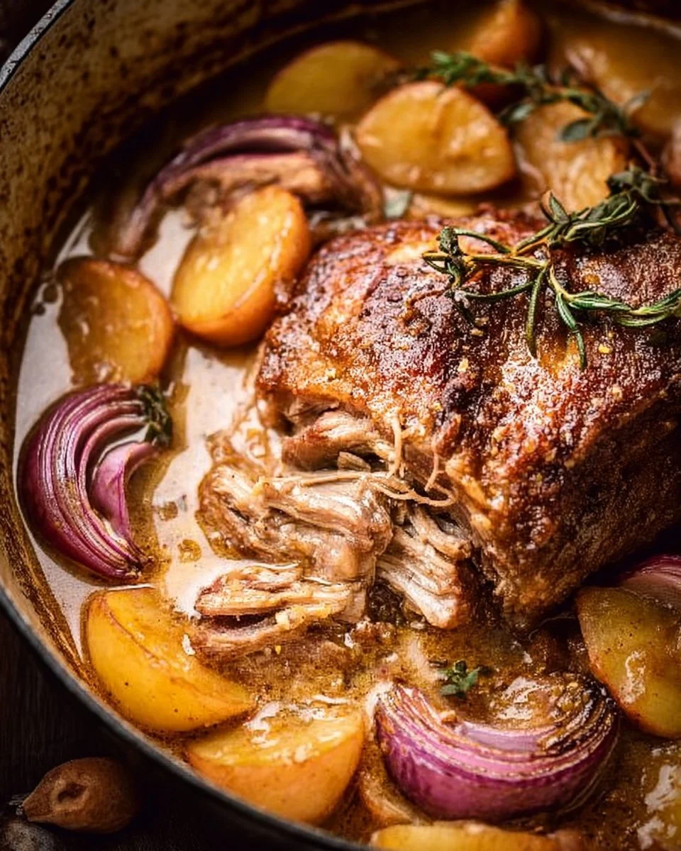 Delicious apple cider braised pork shoulder served on a plate