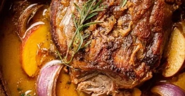 Delicious apple cider braised pork shoulder served with garnishes.