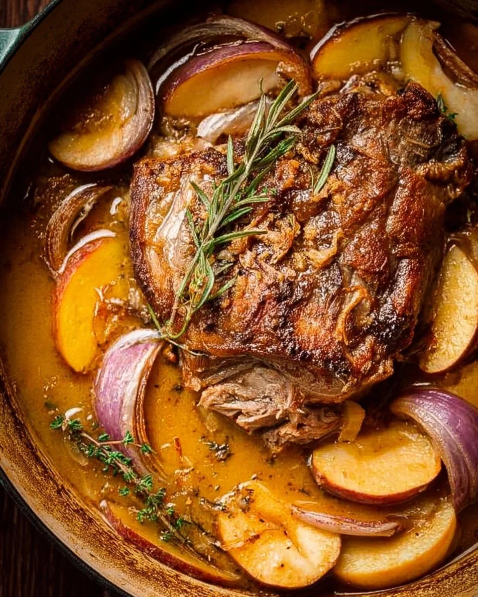 Delicious apple cider braised pork shoulder served with garnishes.