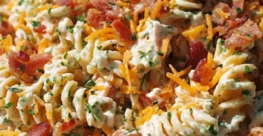 A colorful bowl of Bacon Ranch Pasta Salad with crispy bacon and fresh vegetables