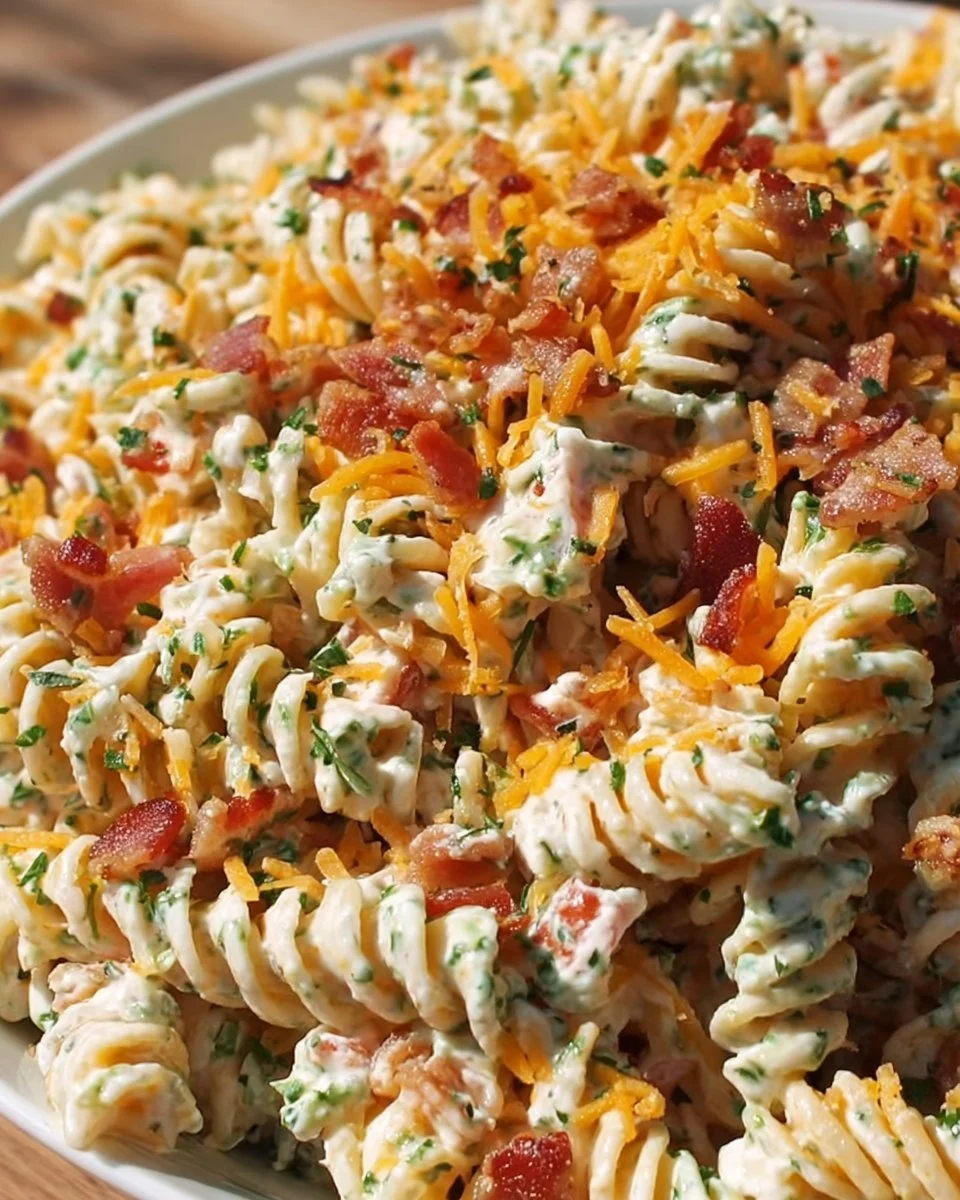 A colorful bowl of Bacon Ranch Pasta Salad with crispy bacon and fresh vegetables