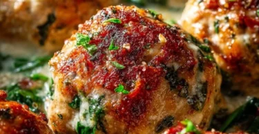 Delicious baked chicken ricotta meatballs served on a plate with marinara sauce.
