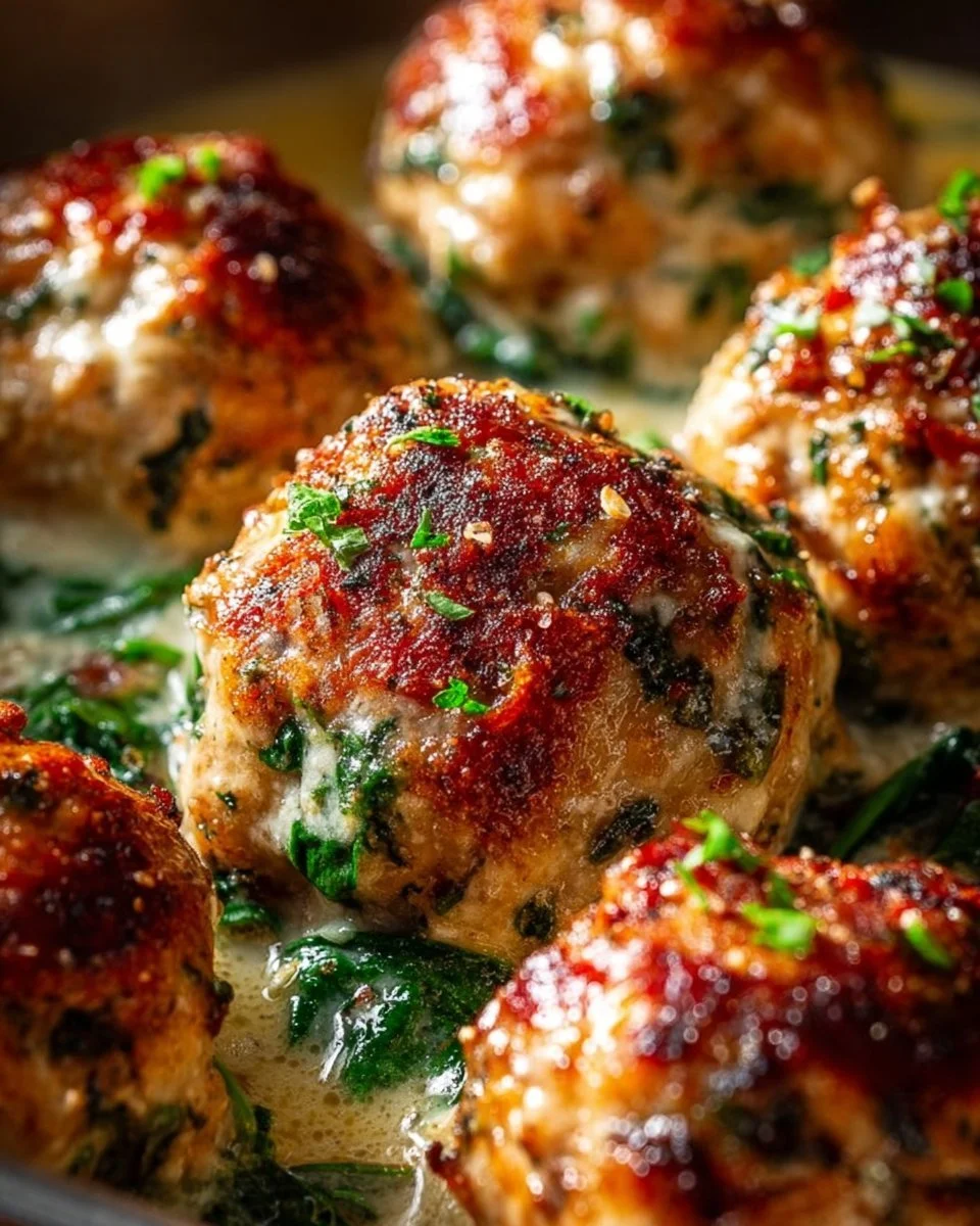 Delicious baked chicken ricotta meatballs served on a plate with marinara sauce.