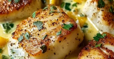 Baked cod fillet topped with coconut lemon cream sauce on a plate.