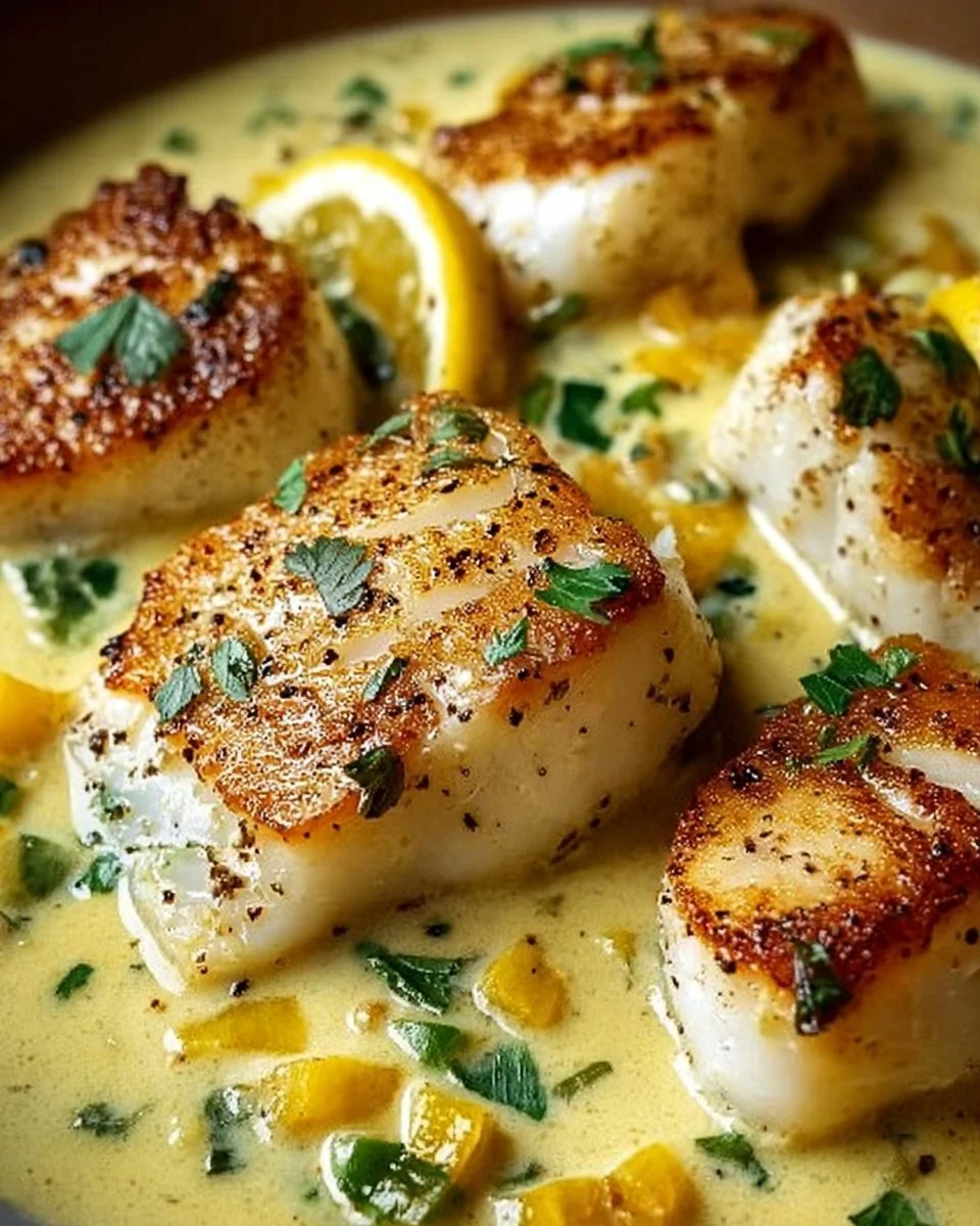 Baked cod fillet topped with coconut lemon cream sauce on a plate.