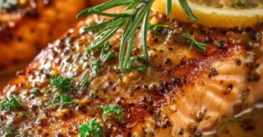 Baked Dijon Salmon garnished with herbs and served on a plate