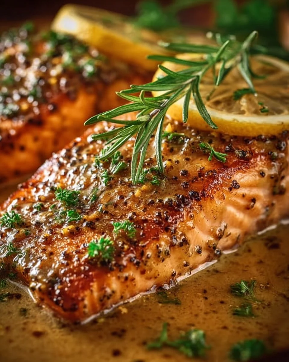 Baked Dijon Salmon garnished with herbs and served on a plate