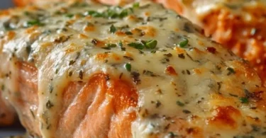 Baked salmon fillet topped with creamy mayo and melted cheese, served on a plate.