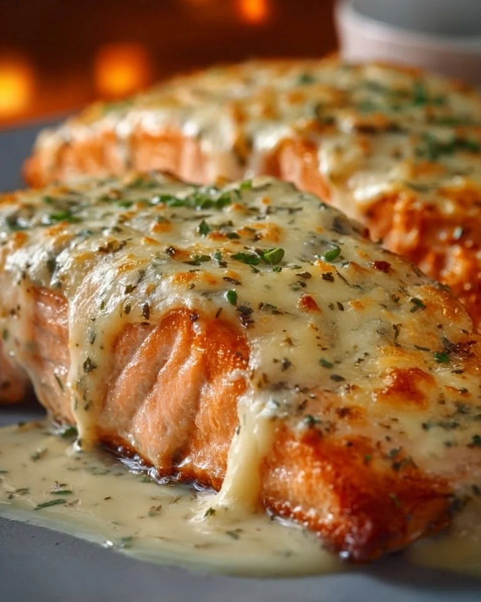 Baked salmon fillet topped with creamy mayo and melted cheese, served on a plate.
