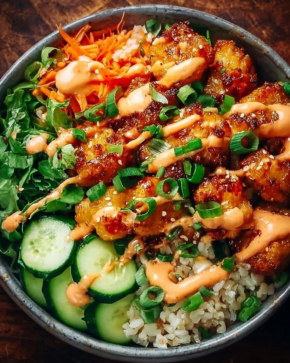Delicious Bang Bang Chicken Bowl Delight with vibrant vegetables and spicy sauce.