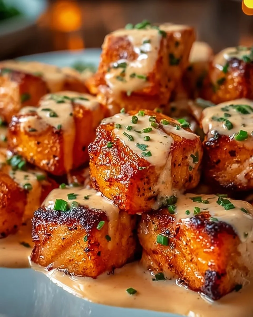 Bang Bang Salmon Bites served on a platter for a flavorful appetizer.