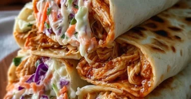 BBQ chicken wraps with coleslaw on a wooden table