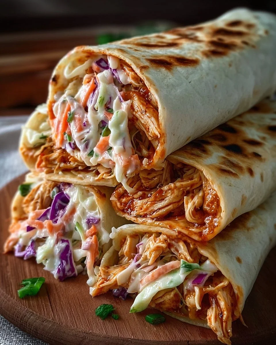 BBQ chicken wraps with coleslaw on a wooden table