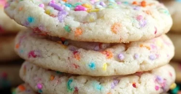 A plate of colorful birthday cake cookies topped with sprinkles