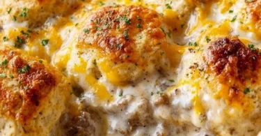 Biscuits and Gravy Casserole served in a dish