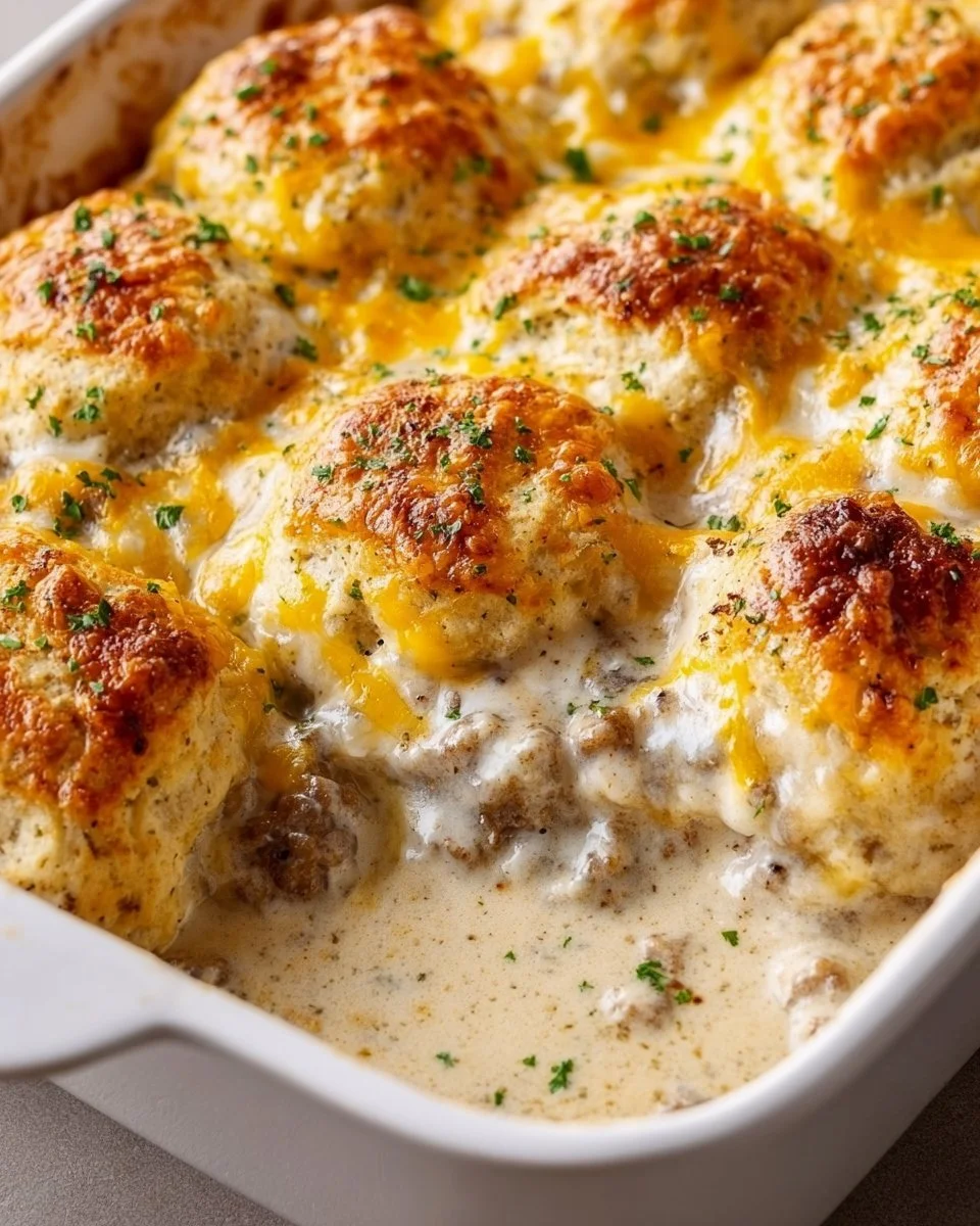 Biscuits and Gravy Casserole served in a dish