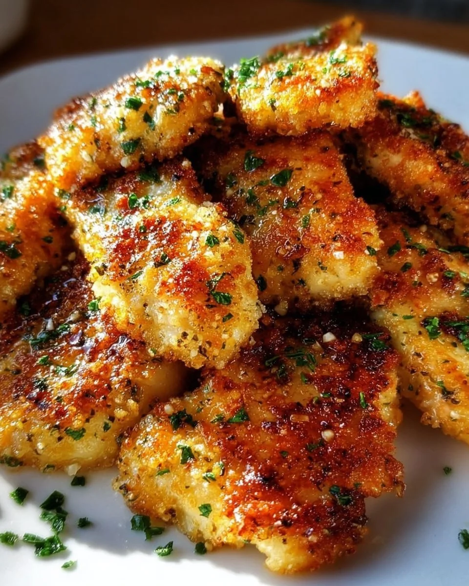 Blackstone Garlic Parmesan Chicken served on a plate with herbs