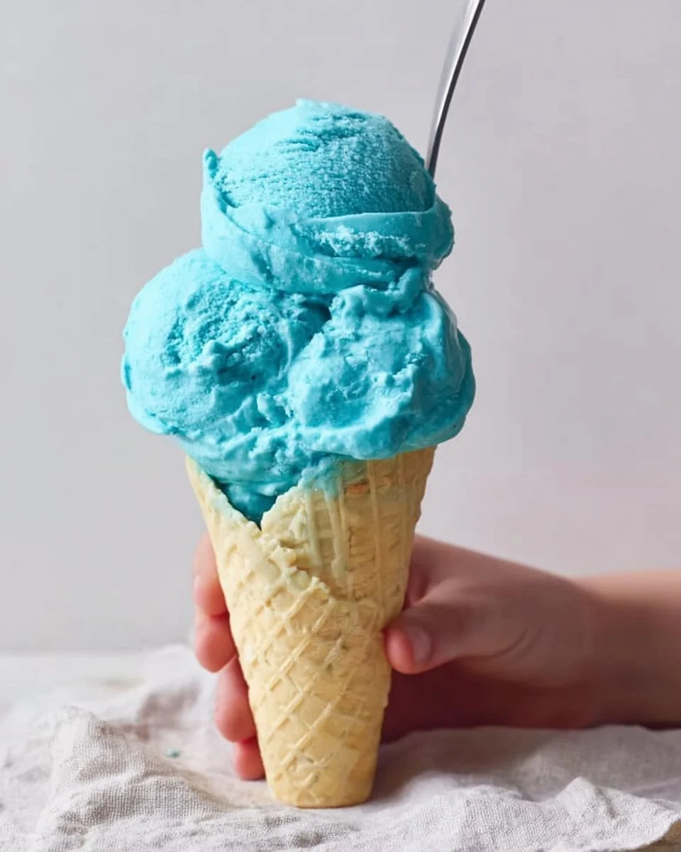 Scoop of Blue Moon Ice Cream in a waffle cone against a vibrant background