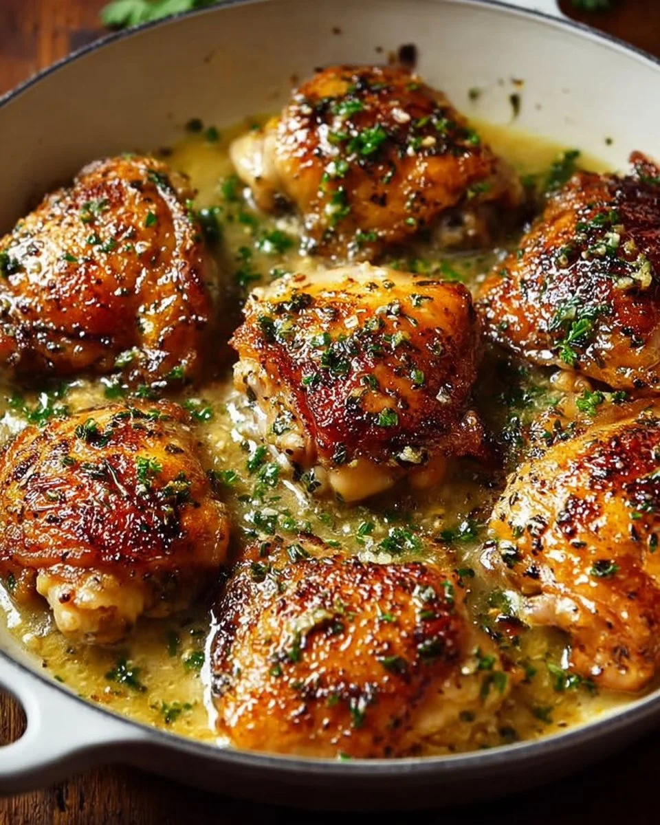 Bobby Flay's succulent chicken thighs with creamy garlic sauce on a plate.