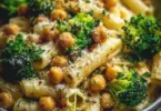 Broccoli chickpea pasta drizzled with garlic olive oil for a healthy meal