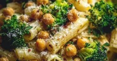 Broccoli chickpea pasta drizzled with garlic olive oil for a healthy meal