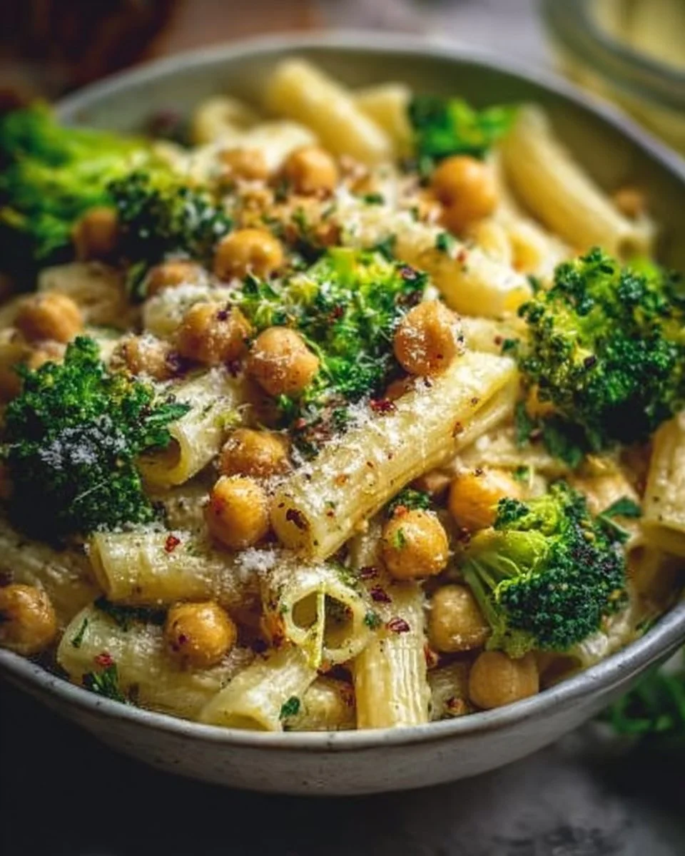 Broccoli chickpea pasta drizzled with garlic olive oil for a healthy meal