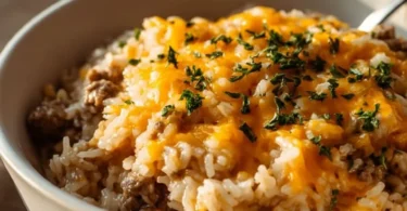 Cheesy ground beef and rice casserole dish with melted cheese on top