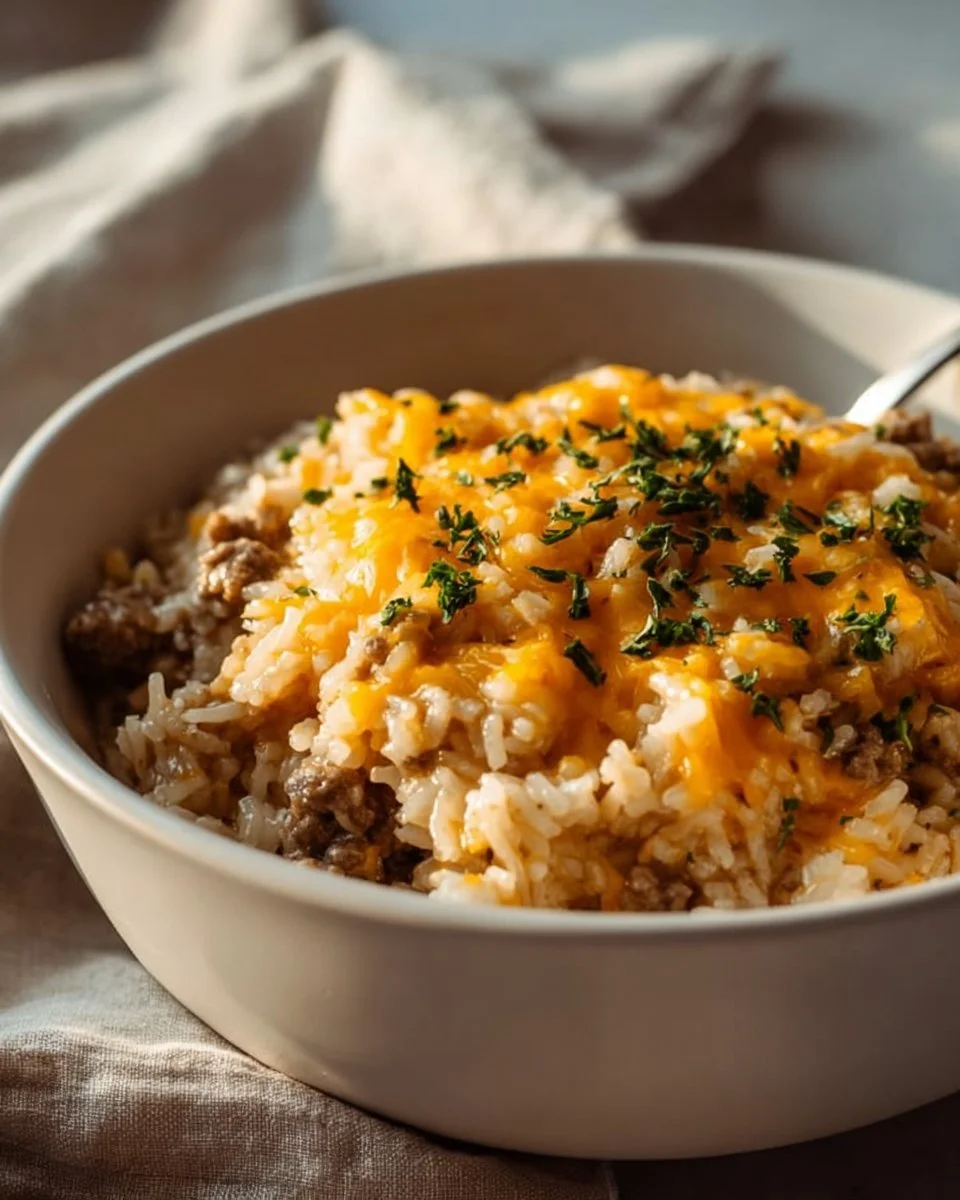 Cheesy ground beef and rice casserole dish with melted cheese on top