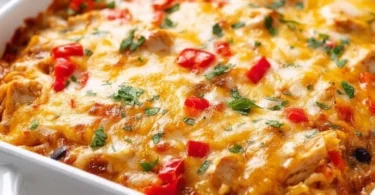 Delicious Chicken Fajita Casserole topped with colorful veggies and melted cheese