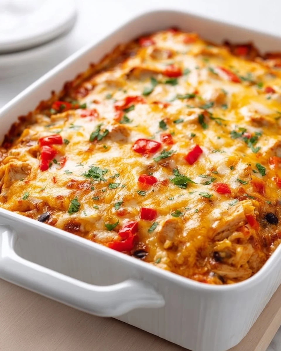 Delicious Chicken Fajita Casserole topped with colorful veggies and melted cheese