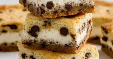 Delicious chocolate chip cheesecake bars ready to be served.