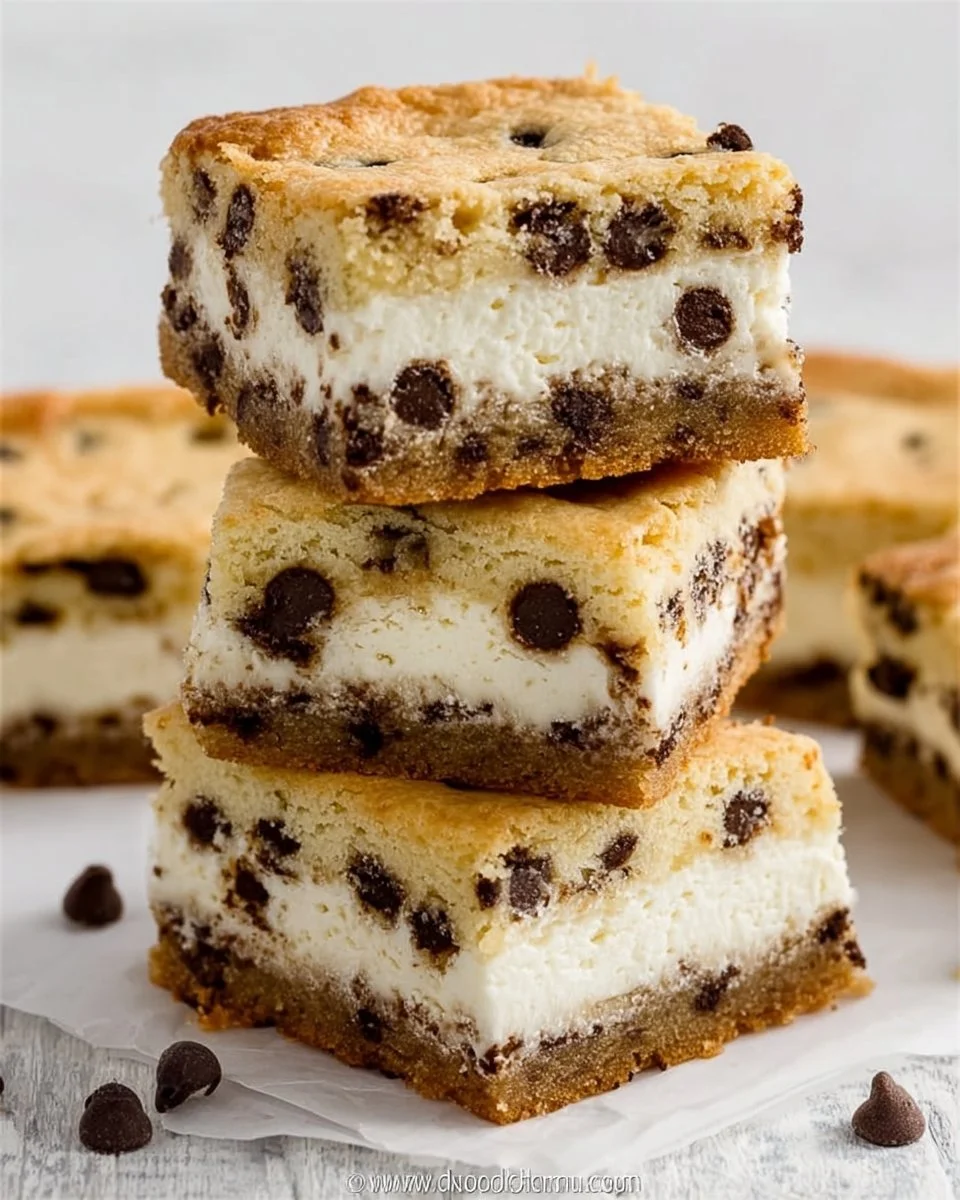 Delicious chocolate chip cheesecake bars ready to be served.