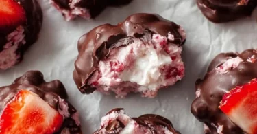 Chocolate strawberry yogurt clusters in a bowl topped with fresh strawberries.