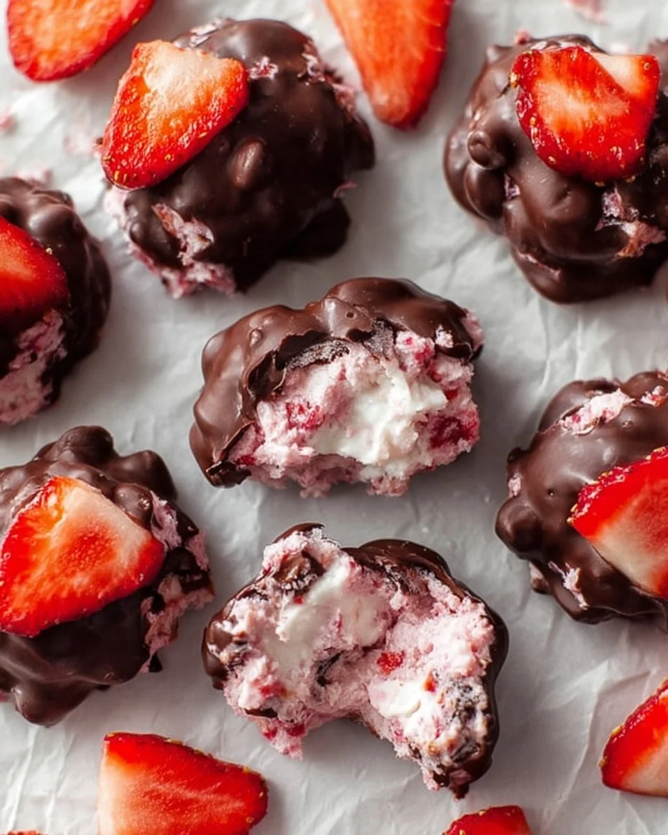 Chocolate strawberry yogurt clusters in a bowl topped with fresh strawberries.