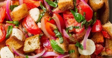 Classic Panzanella bread salad with fresh vegetables and herbs