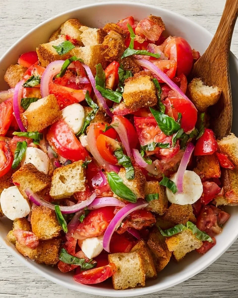 Classic Panzanella bread salad with fresh vegetables and herbs