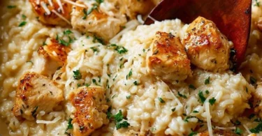 Delicious garlic parmesan chicken served with rice on a plate