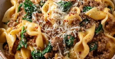 Comforting crockpot ground beef pasta ready to serve in a bowl