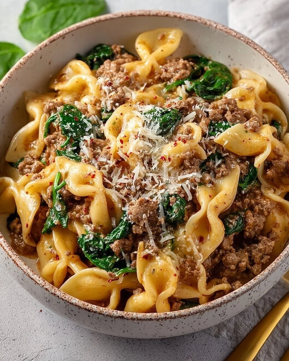 Comforting crockpot ground beef pasta ready to serve in a bowl