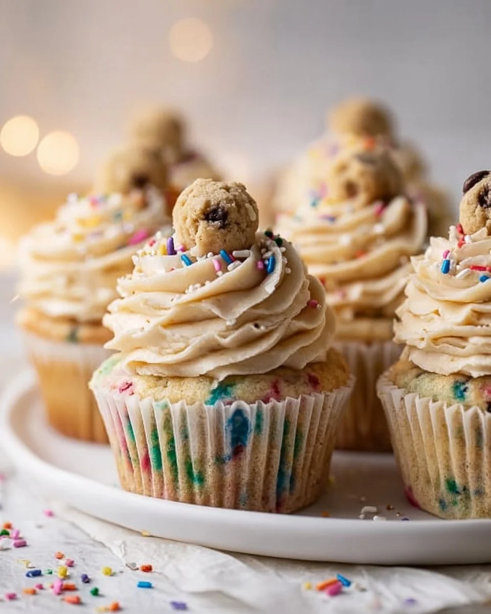 Delicious cookie dough cupcakes topped with creamy frosting and cookie pieces