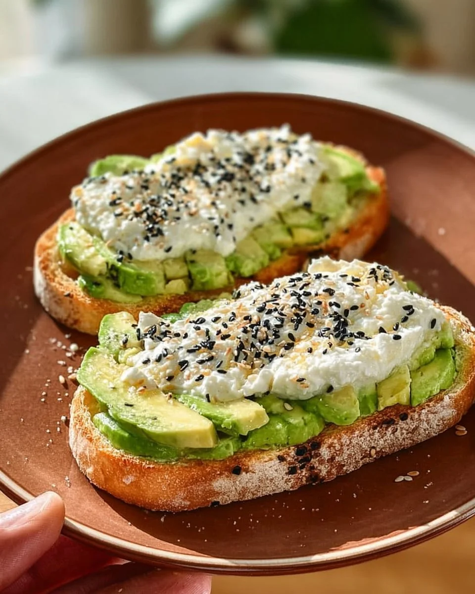 Cottage cheese avocado toast topped with fresh herbs and spices