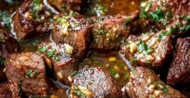 Plate of Cowboy Butter Steak Bites garnished with herbs and spices.