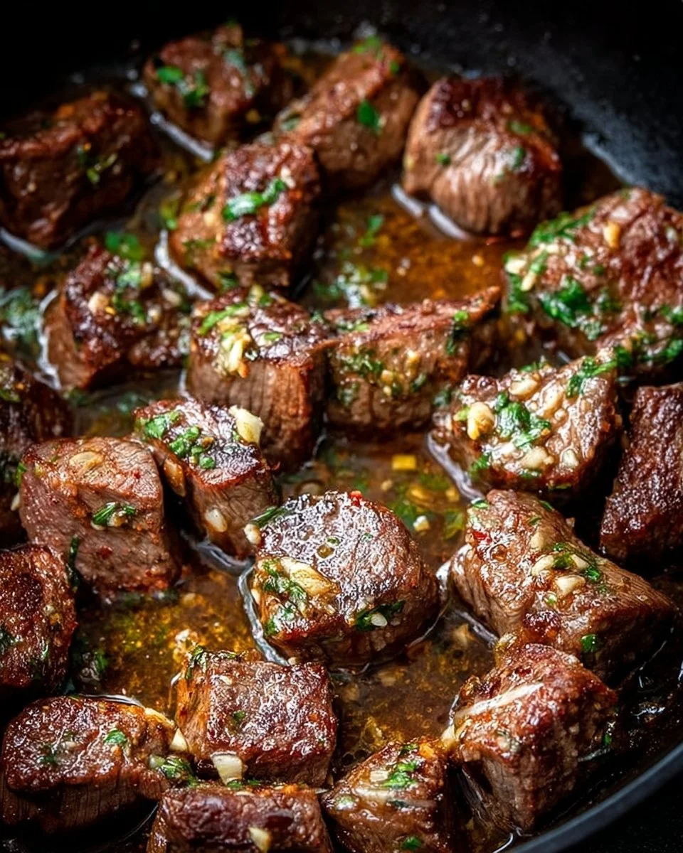 Plate of Cowboy Butter Steak Bites garnished with herbs and spices.