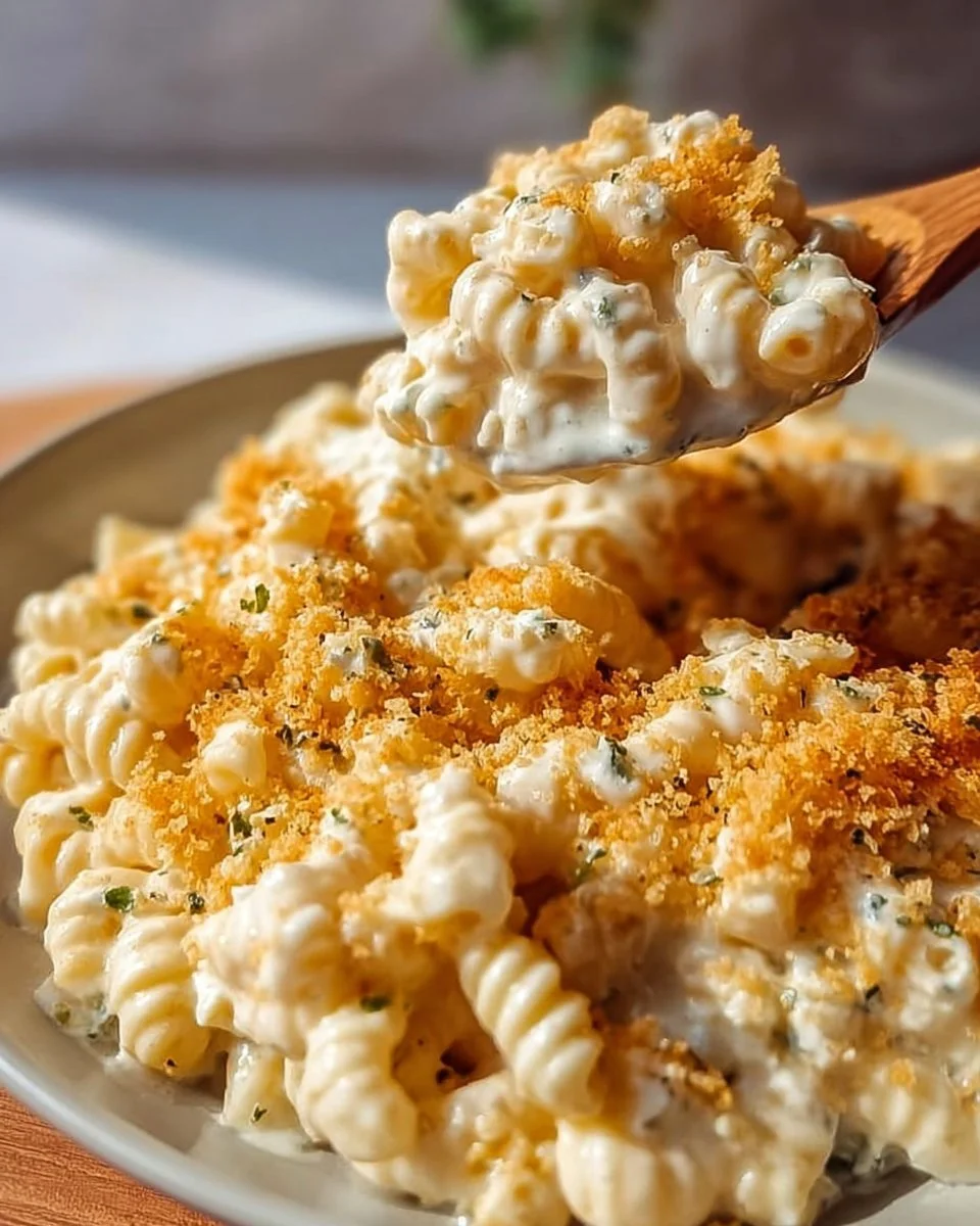 Delicious creamy Boursin mac and cheese in a bowl, topped with herbs.