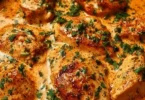 Creamy chicken dish served on a plate with herbs and vegetables