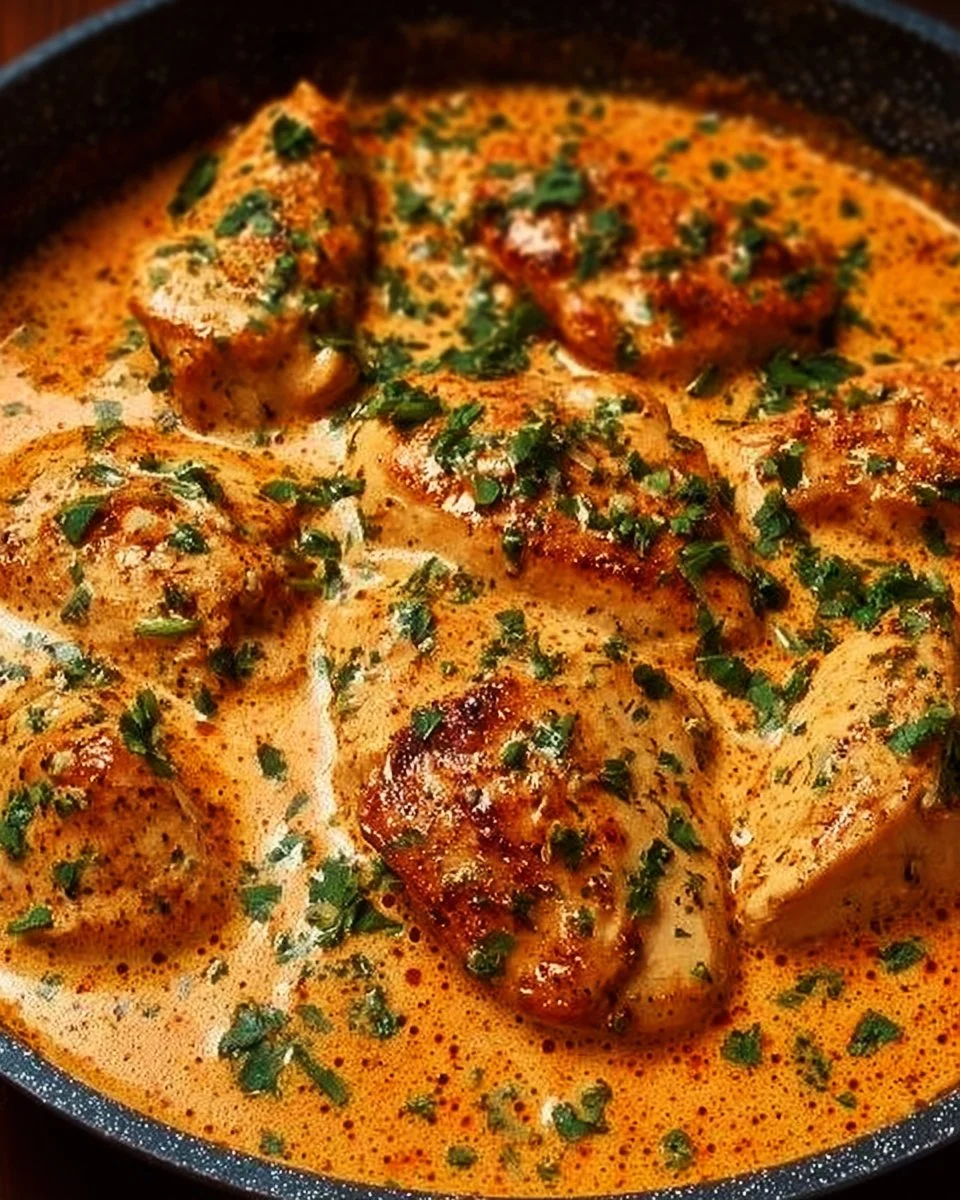 Creamy chicken dish served on a plate with herbs and vegetables