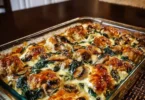 Creamy low carb chicken spinach and mushroom bake in a casserole dish