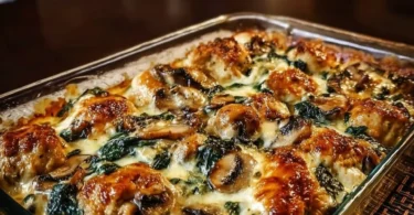 Creamy low carb chicken spinach and mushroom bake in a casserole dish
