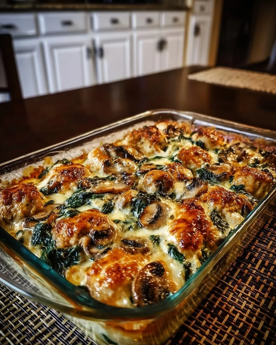 Creamy low carb chicken spinach and mushroom bake in a casserole dish
